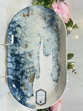 Intesa Home Blue Green Gold Splatter White Porcelain Oval Serving Plate 11" New